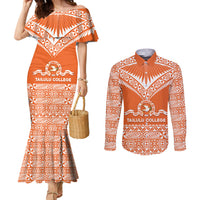 Personalised Tonga Tailulu College Couples Matching Mermaid Dress and Long Sleeve Button Shirt Tongan Kupesi Pattern LT05 Orange - Polynesian Pride