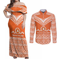 Personalised Tonga Tailulu College Couples Matching Off Shoulder Maxi Dress and Long Sleeve Button Shirt Tongan Kupesi Pattern LT05 Orange - Polynesian Pride