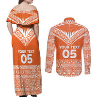 Personalised Tonga Tailulu College Couples Matching Off Shoulder Maxi Dress and Long Sleeve Button Shirt Tongan Kupesi Pattern LT05 - Polynesian Pride