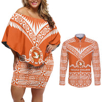 Personalised Tonga Tailulu College Couples Matching Off Shoulder Short Dress and Long Sleeve Button Shirt Tongan Kupesi Pattern LT05 Orange - Polynesian Pride