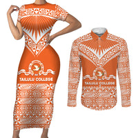 Personalised Tonga Tailulu College Couples Matching Short Sleeve Bodycon Dress and Long Sleeve Button Shirt Tongan Kupesi Pattern