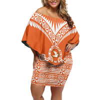 Personalised Tonga Tailulu College Off Shoulder Short Dress Tongan Kupesi Pattern LT05 Women Orange - Polynesian Pride