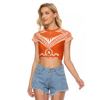 Personalised Tonga Tailulu College Raglan Cropped T Shirt Tongan Kupesi Pattern LT05 Female Orange - Polynesian Pride