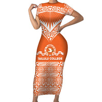 Personalised Tonga Tailulu College Short Sleeve Bodycon Dress Tongan Kupesi Pattern LT05 Long Dress Orange - Polynesian Pride