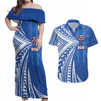 Personalised Hawaii 808 Couples Matching Off Shoulder Maxi Dress and Hawaiian Shirt Unique Style LT05 Blue - Polynesian Pride