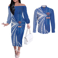Personalised Hawaii 808 Couples Matching Off The Shoulder Long Sleeve Dress and Long Sleeve Button Shirt Unique Style LT05 Blue - Polynesian Pride