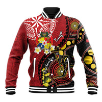 Tonga Ngatu And Australia Aboriginal Baseball Jacket Tongan Dove And Kangaroo Together LT05 Unisex Red - Polynesian Pride