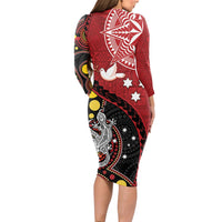 Tonga Ngatu And Australia Aboriginal Long Sleeve Bodycon Dress Tongan Dove And Kangaroo Together