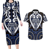 Custom Aotearoa Ngati Tuwharetoa Couples Matching Long Sleeve Bodycon Dress and Hawaiian Shirt Maori Tribal Pattern LT05 Navy - Polynesian Pride