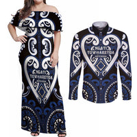 Custom Aotearoa Ngati Tuwharetoa Couples Matching Off Shoulder Maxi Dress and Long Sleeve Button Shirt Maori Tribal Pattern LT05 Navy - Polynesian Pride