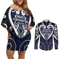 Custom Aotearoa Ngati Tuwharetoa Couples Matching Off Shoulder Short Dress and Long Sleeve Button Shirt Maori Tribal Pattern LT05 Navy - Polynesian Pride