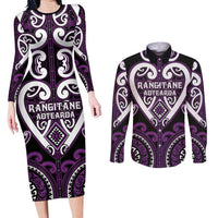 Custom Aotearoa Rangitane Couples Matching Long Sleeve Bodycon Dress and Long Sleeve Button Shirt Maori Tribal Pattern LT05 Purple - Polynesian Pride