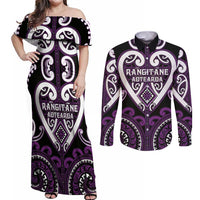 Custom Aotearoa Rangitane Couples Matching Off Shoulder Maxi Dress and Long Sleeve Button Shirt Maori Tribal Pattern LT05 Purple - Polynesian Pride