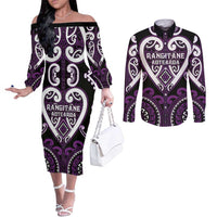 Custom Aotearoa Rangitane Couples Matching Off The Shoulder Long Sleeve Dress and Long Sleeve Button Shirt Maori Tribal Pattern LT05 Purple - Polynesian Pride