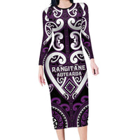 Custom Aotearoa Rangitane Family Matching Long Sleeve Bodycon Dress and Hawaiian Shirt Maori Tribal Pattern LT05 Mom's Dress Purple - Polynesian Pride