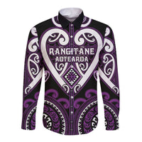 Custom Aotearoa Rangitane Long Sleeve Button Shirt Maori Tribal Pattern LT05 Unisex Purple - Polynesian Pride