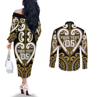 Custom Aotearoa Taranaki Couples Matching Off The Shoulder Long Sleeve Dress and Long Sleeve Button Shirt Maori Tribal Pattern LT05 - Polynesian Pride