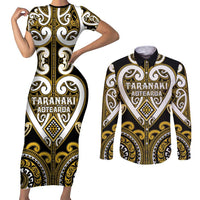 Custom Aotearoa Taranaki Couples Matching Short Sleeve Bodycon Dress and Long Sleeve Button Shirt Maori Tribal Pattern LT05 Yellow - Polynesian Pride