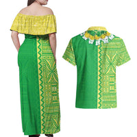 Fiji Lovoni Couples Matching Off Shoulder Maxi Dress and Hawaiian Shirt Fijian Tapa Salusalu Green Glitter