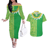 Fiji Lovoni Couples Matching Off The Shoulder Long Sleeve Dress and Hawaiian Shirt Fijian Tapa Salusalu Green Glitter