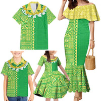 Fiji Lovoni Family Matching Mermaid Dress and Hawaiian Shirt Fijian Tapa Salusalu Green Glitter