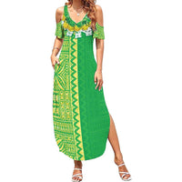 Fiji Lovoni Summer Maxi Dress Fijian Tapa Salusalu Green Glitter