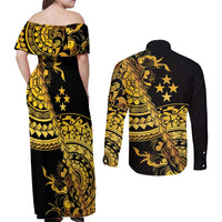 Kosrae Liberation Day Couples Matching Off Shoulder Maxi Dress and Long Sleeve Button Shirt Polynesian Floral Tattoo - Polynesian Pride