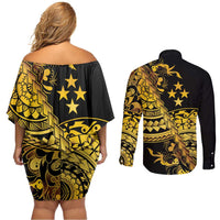 Kosrae Liberation Day Couples Matching Off Shoulder Short Dress and Long Sleeve Button Shirt Polynesian Floral Tattoo - Polynesian Pride