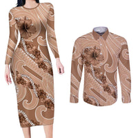 Hawaii Brown Hibiscus Pikake Lei Couples Matching Long Sleeve Bodycon Dress and Long Sleeve Button Shirt LT05 Brown - Polynesian Pride