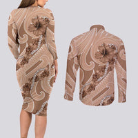 Hawaii Brown Hibiscus Pikake Lei Couples Matching Long Sleeve Bodycon Dress and Long Sleeve Button Shirt LT05 - Polynesian Pride
