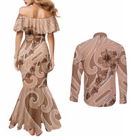 Hawaii Brown Hibiscus Pikake Lei Couples Matching Mermaid Dress and Long Sleeve Button Shirt - Polynesian Pride