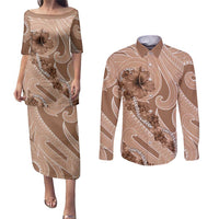Hawaii Brown Hibiscus Pikake Lei Couples Matching Puletasi and Long Sleeve Button Shirt LT05 Brown - Polynesian Pride