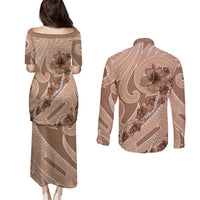 Hawaii Brown Hibiscus Pikake Lei Couples Matching Puletasi and Long Sleeve Button Shirt LT05 - Polynesian Pride