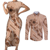 Hawaii Brown Hibiscus Pikake Lei Couples Matching Short Sleeve Bodycon Dress and Long Sleeve Button Shirt LT05 Brown - Polynesian Pride