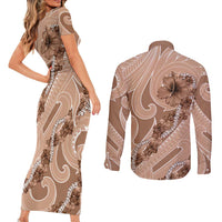 Hawaii Brown Hibiscus Pikake Lei Couples Matching Short Sleeve Bodycon Dress and Long Sleeve Button Shirt LT05 - Polynesian Pride