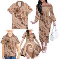 Hawaii Brown Hibiscus Pikake Lei Family Matching Off The Shoulder Long Sleeve Dress and Hawaiian Shirt - Polynesian Pride