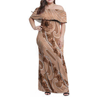 Hawaii Brown Hibiscus Pikake Lei Family Matching Off Shoulder Maxi Dress and Hawaiian Shirt - Polynesian Pride