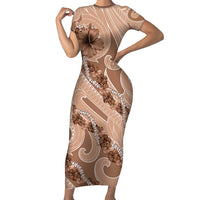Hawaii Brown Hibiscus Pikake Lei Short Sleeve Bodycon Dress - Polynesian Pride