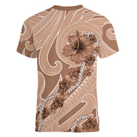 Hawaii Brown Hibiscus Pikake Lei Women V-Neck T-Shirt - Polynesian Pride