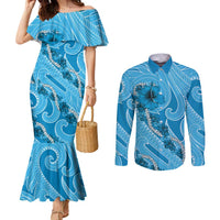 Hawaii Blue Hibiscus Pikake Lei Couples Matching Mermaid Dress and Long Sleeve Button Shirt LT05 Blue - Polynesian Pride