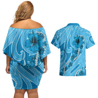 Hawaii Blue Hibiscus Pikake Lei Couples Matching Off Shoulder Short Dress and Hawaiian Shirt - Polynesian Pride