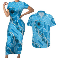 Hawaii Blue Hibiscus Pikake Lei Couples Matching Short Sleeve Bodycon Dress and Hawaiian Shirt - Polynesian Pride