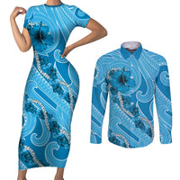 Hawaii Blue Hibiscus Pikake Lei Couples Matching Short Sleeve Bodycon Dress and Long Sleeve Button Shirt LT05 Blue - Polynesian Pride