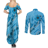 Hawaii Blue Hibiscus Pikake Lei Couples Matching Summer Maxi Dress and Long Sleeve Button Shirt LT05 - Polynesian Pride