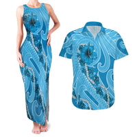 Hawaii Blue Hibiscus Pikake Lei Couples Matching Tank Maxi Dress and Hawaiian Shirt - Polynesian Pride