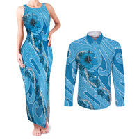 Hawaii Blue Hibiscus Pikake Lei Couples Matching Tank Maxi Dress and Long Sleeve Button Shirt LT05 Blue - Polynesian Pride