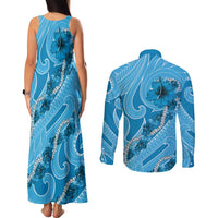 Hawaii Blue Hibiscus Pikake Lei Couples Matching Tank Maxi Dress and Long Sleeve Button Shirt LT05 - Polynesian Pride