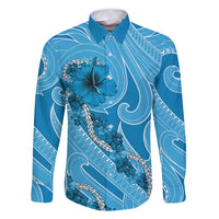 Hawaii Blue Hibiscus Pikake Lei Family Matching Mermaid Dress and Hawaiian Shirt LT05 Dad's Shirt - Long Sleeve Blue - Polynesian Pride