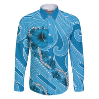 Hawaii Blue Hibiscus Pikake Lei Family Matching Puletasi and Hawaiian Shirt LT05 Dad's Shirt - Long Sleeve Blue - Polynesian Pride