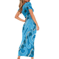 Hawaii Blue Hibiscus Pikake Lei Short Sleeve Bodycon Dress - Polynesian Pride